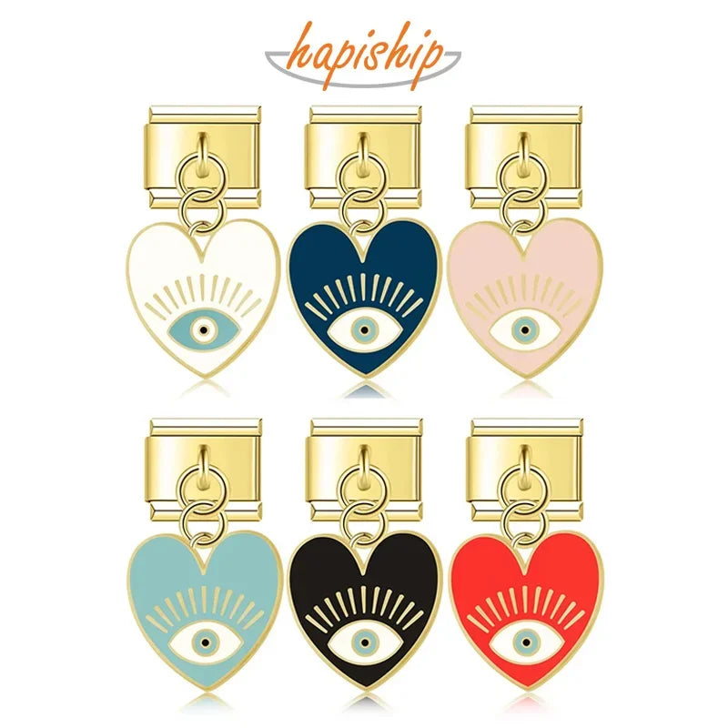 Hapiship 2024 New Women Fashion Romantic Heart Eye Charms Links Fit 9mm Bracelet Stainless Steel Jewelry DIY Making DJ913