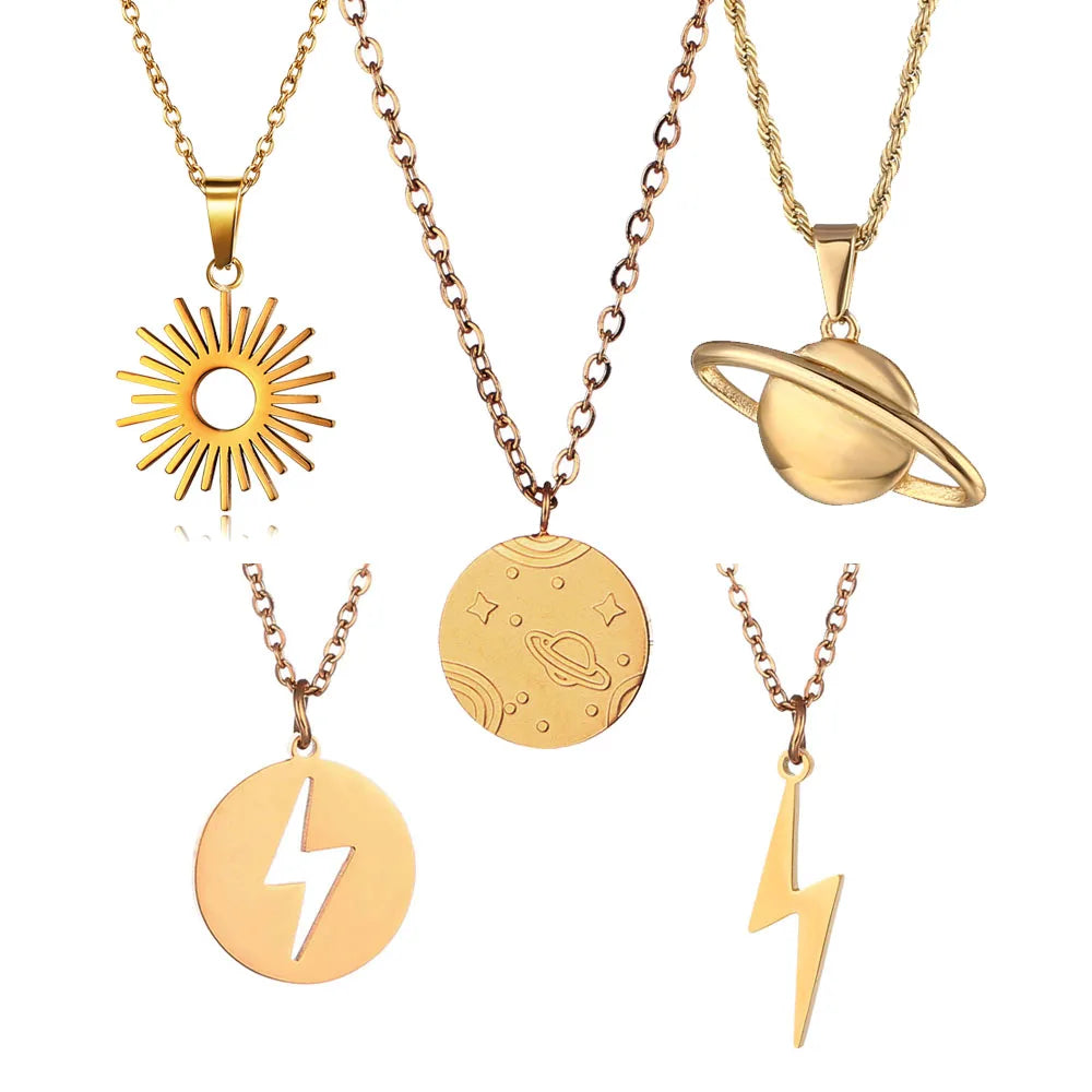 Lightning Bolt Necklace Thunder Minimalist Pendant Saturn Planet Necklace Stylish Collarbone Jewelry Sun Charm Necklace Men G