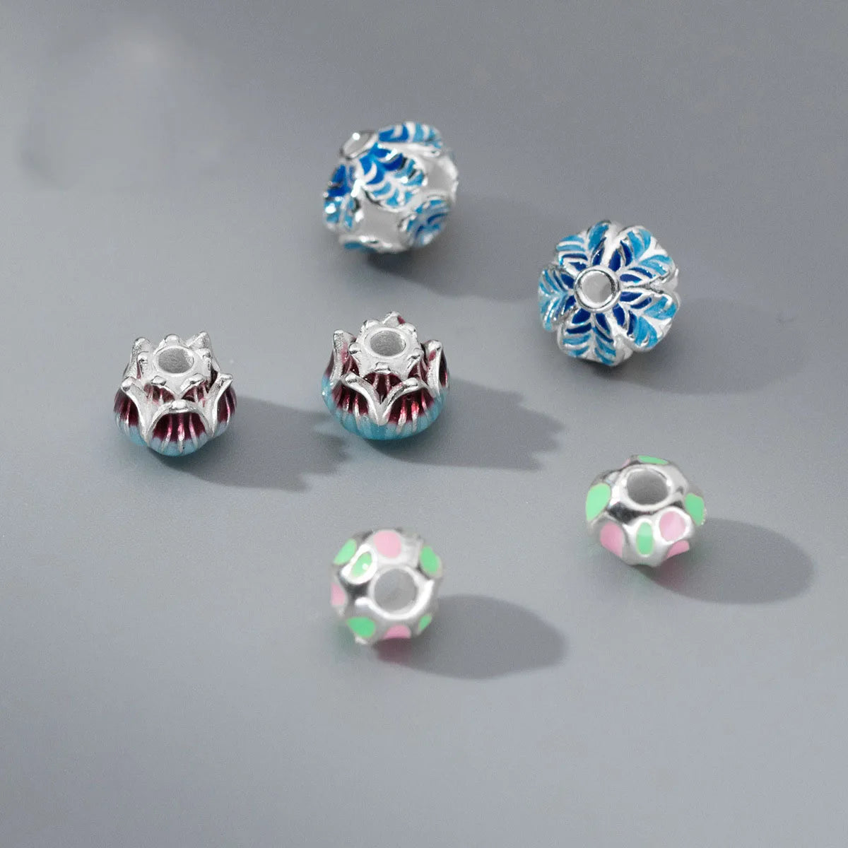 Unique Flower Charm Beads 925 Sterling Silver Colourful Enamel Round Charm Beads for Jewelry Making Accessories Supplies