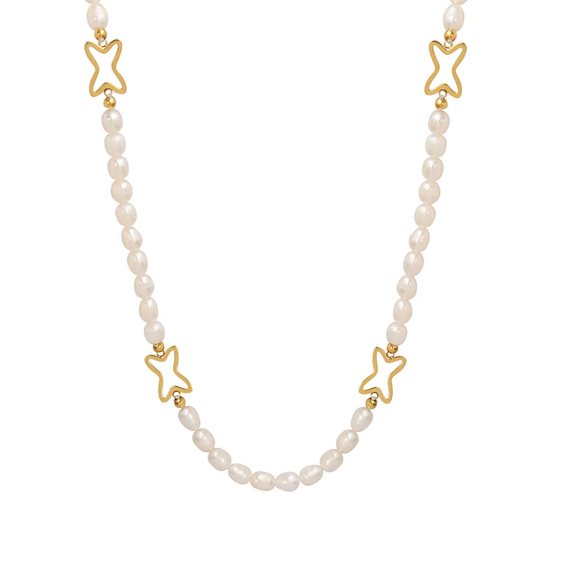 French Jewelry's New Stainless Steel Necklace with Gold Plated Freshwater Pearl Pendant Round Geometry Collar Chain Wedding G
