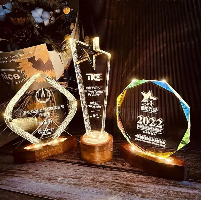 Custom logo LED Wooden Base Crystal Trophy Luminous Staff Souvenirs Award with Charger