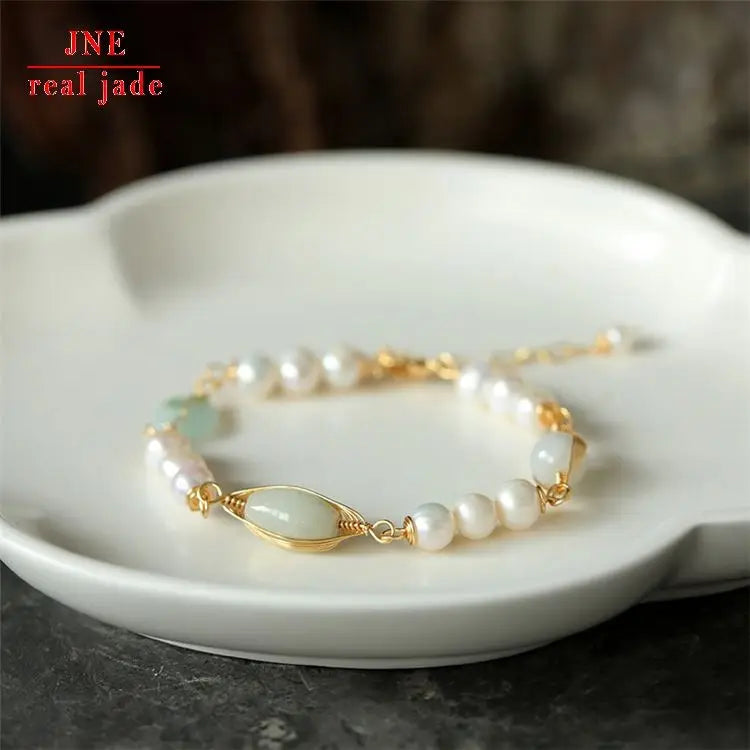 Original Natural Freshwater Pearl Jade Winding Bracelet 14K Gilded Women's Valentine's Day Bracelet Accessories Trendy