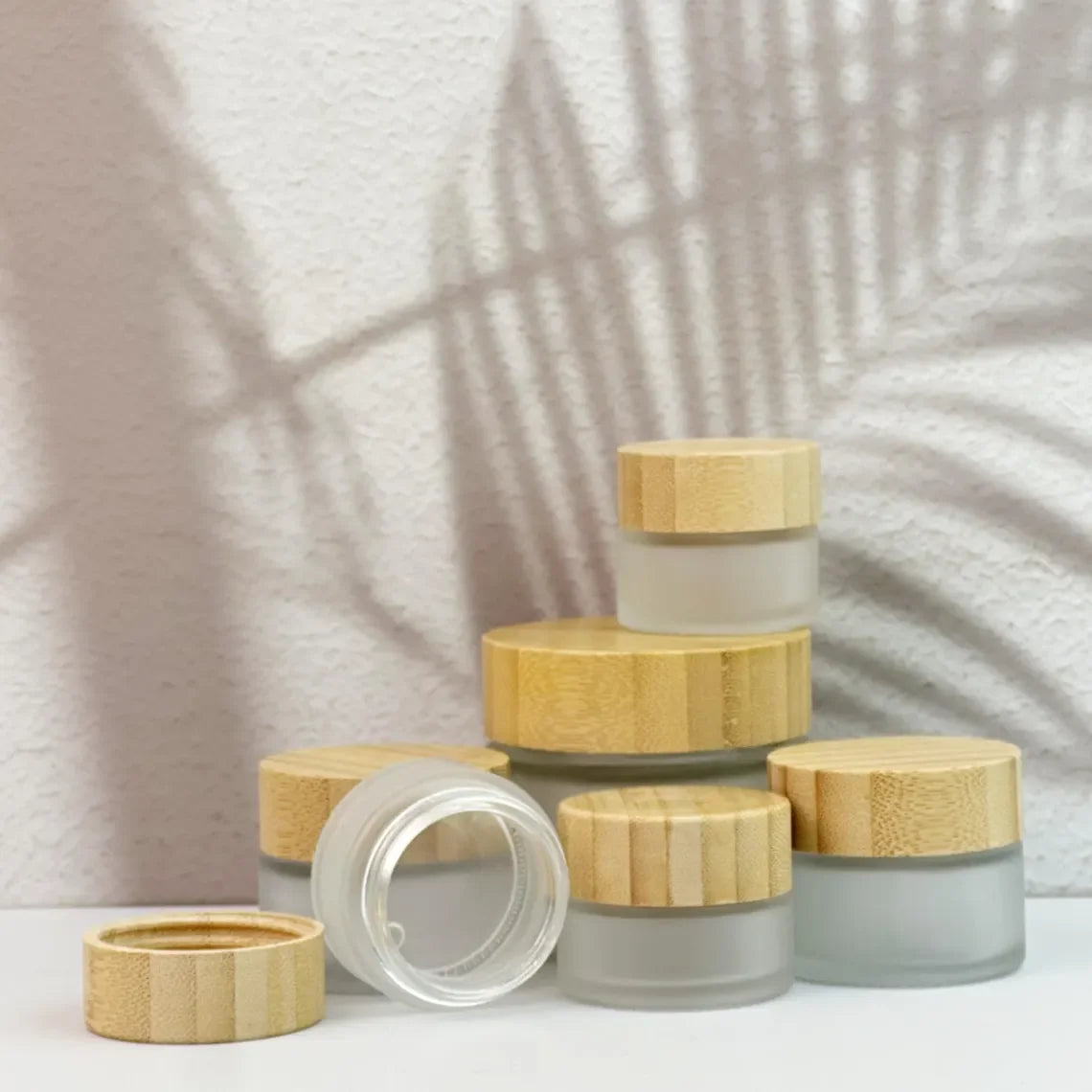 5g-200g White Frosted Glass Jars with Wood Lids for Face Cream Lotion Skincare & Homemade Cosmetics