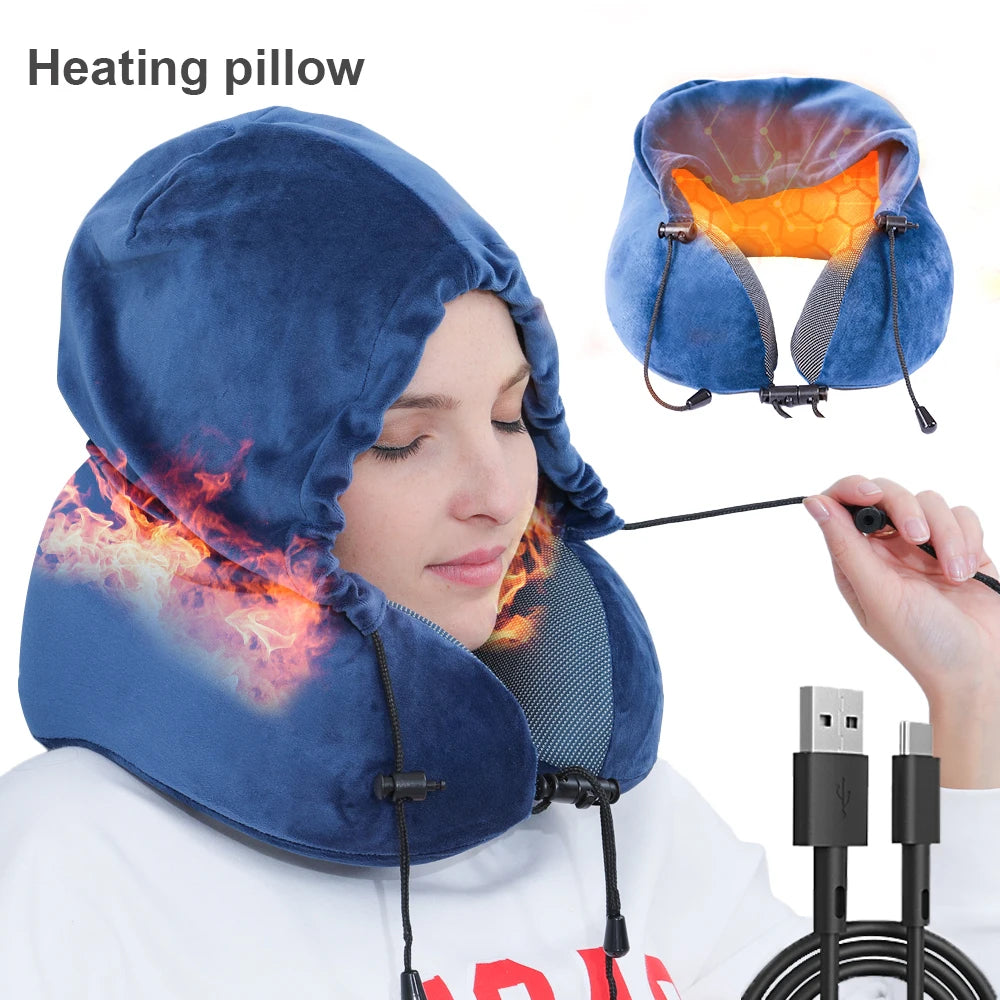 SAIEN NEW PRODUCT Fast Shipping Electric Heating Pillow Memory Foam Neck Travel Pillow with Hoodie Washable U Shaped Neck Pil