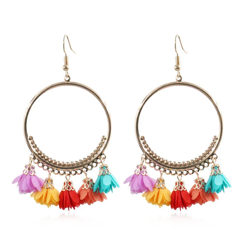 2026 New Tassel Flower Hoop Earrings Fashion Bohemian Vintage Fashion Jewelry Earrings Women