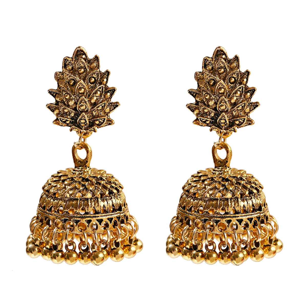 Indian Big Gold Bells Drop Earrings for Women Carved Flower Design Vintage Alloy High Quality Party Jewelry Gift