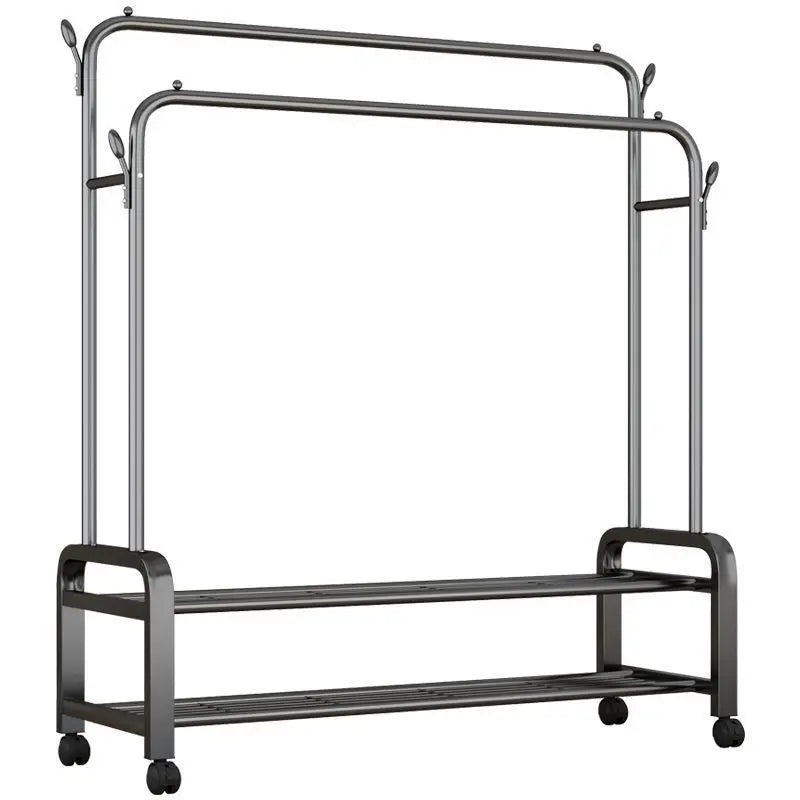 Multifunctional Double Rod Portable Clothing Hanging Garment Rack Commodity Shelf Wheel Home Metal Organizer for Shoes Bags M