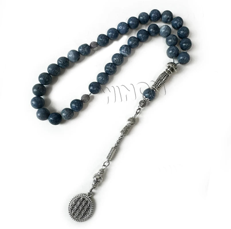 Natural Blue Coral Muslim Rosary Tasbih Tasbeeh Islamic 10mm 33pcs Prayer Peads Misbaha Rosaries Eid Ramadan Gift Islamic Gif