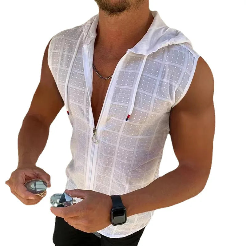 RNSHANGER Summer Fashion Sleeveless O-Neck Hoodie Zipper Breathable Casual Blank Open Stitch Beach Sun Protection Men's T Shi