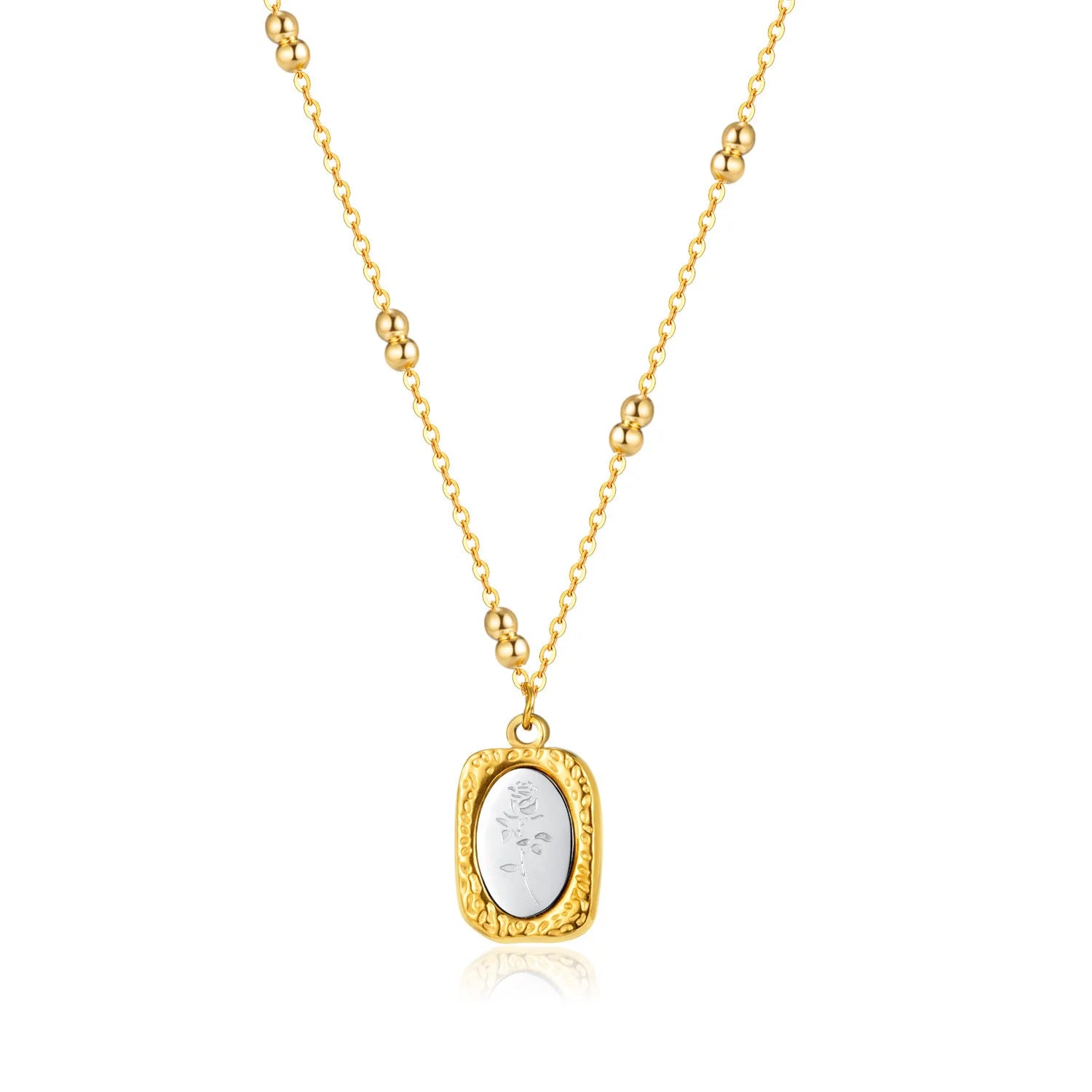 Carved Rose Oval Pendant Stainless Steel Necklace 18K Gold Plated Classic Square Pendant Beaded Chain Necklace for Women