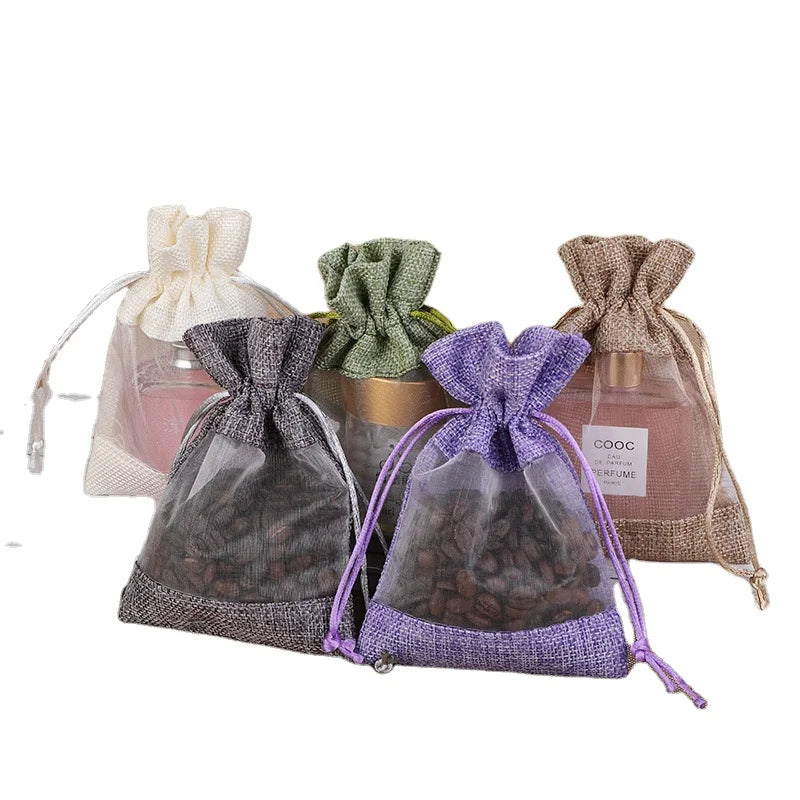 Linen Drawstring Gift Bag With Organza Window Storage Bag Jute Drawstring Burlap Bags