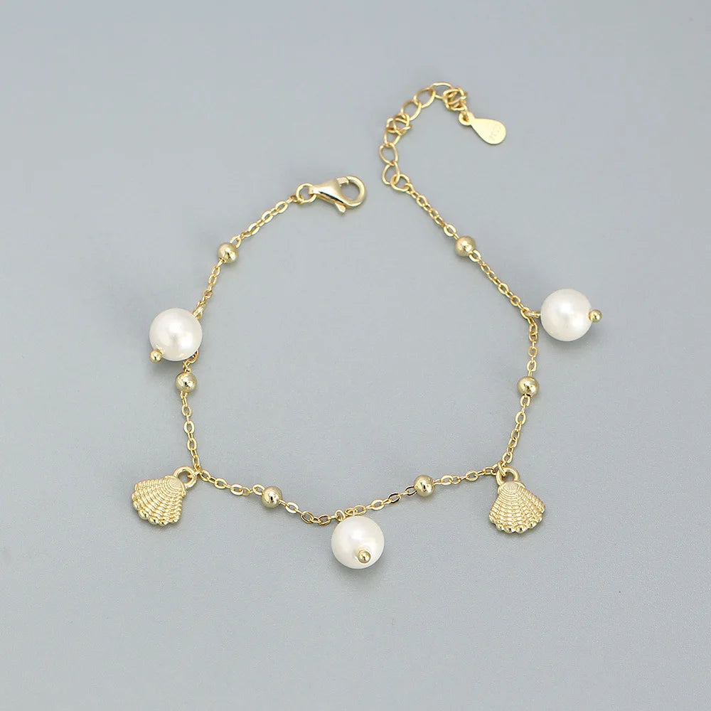 Shell Charm 18k Gold 925 Sterling Silver Summer Jewelry Silver Pearls Chain Bracelet Women
