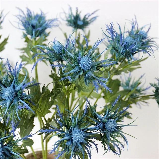 3 Heads Artificial Real Touch Plastic Blue Eryngo Flower Plant for Table Centerpiece Floral Arrangement Wedding Decoration