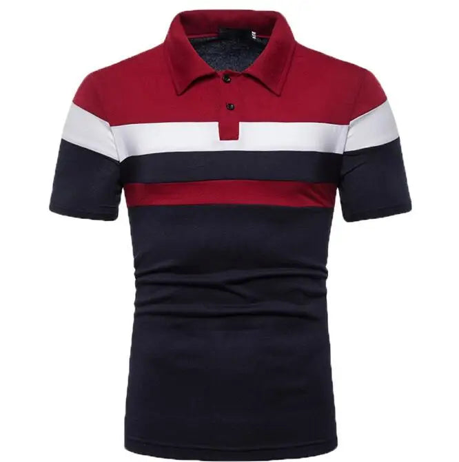 Men's Short Sleeved Polo T-shirt Striped Patchwork Fashionable Casual Button Lapel Tops Summer Clothing
