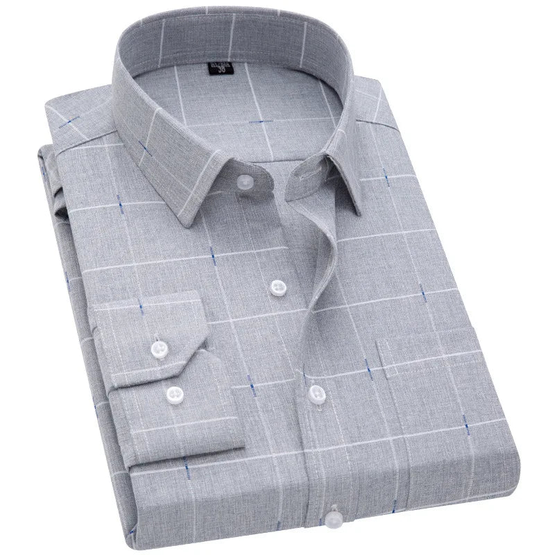 New Men's Long-Sleeved Plaid Dress Shirt Anti-Wrinkle Knitted Business Casual Clothing for Middle-Aged and Elderly