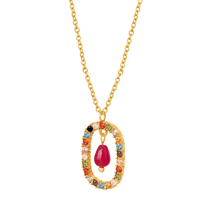 Fashion New Color Zircon Pendant Necklace Stainless Steel 18k Gold Plated Red Agate Necklace for Women