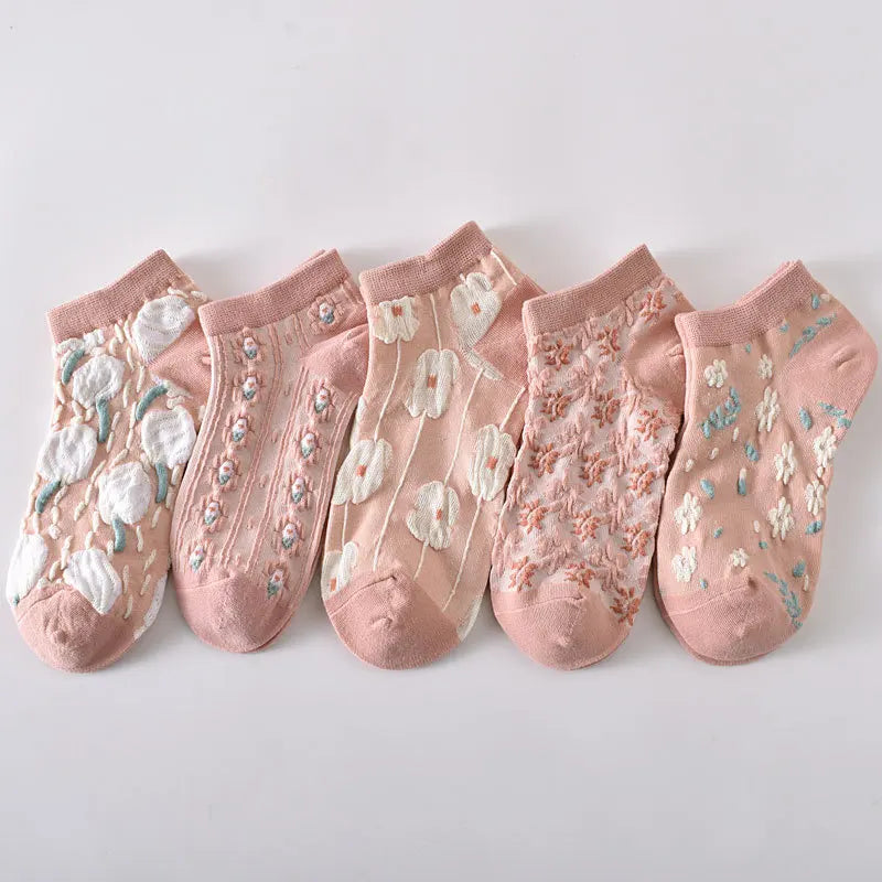 Three Dimensional Retro Relief Socks Women Summer Spring Thin Cotton Breathable Sensen Style pink Socks for Women Summer