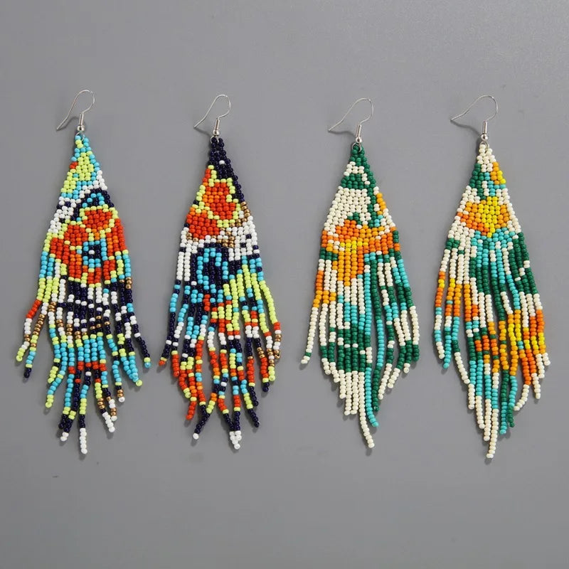 Retro Ethnic Tassel Earring Personalized Bohe Colorful Sun Flower Tulip Shape Seed Beaded Earrings for Women Jewelry