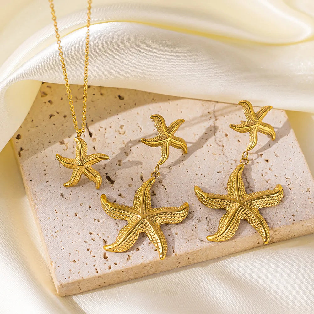 Ocean Style 18k Gold Plated Double Starfish Chunky Drop Charm Earrings Set Stainless Steel Starfish Gold Necklace