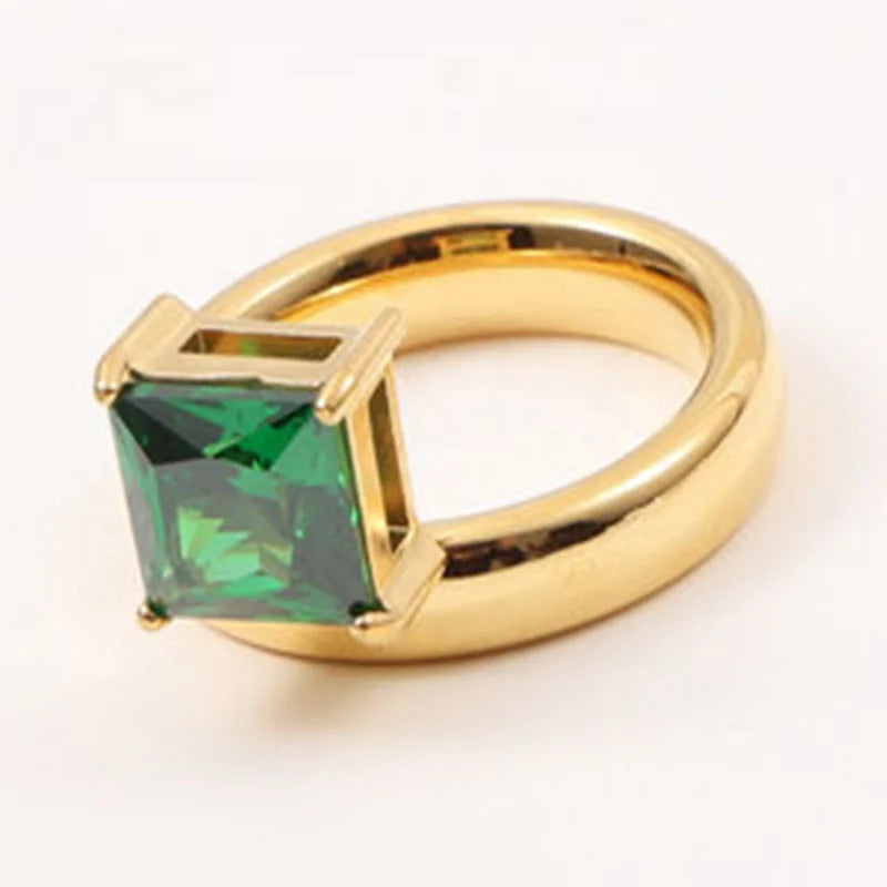 Hot Sale Women Personalized Design Jewelry 18k Gold Plated Stainless Steel square Green Cubic Zircon Ring