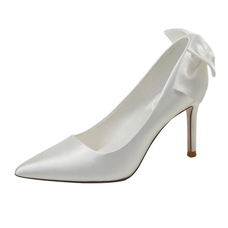 7 cm White Silk Pointed Toe Bowknot Ankle Strap Stiletto Sandals Women Summer Wedding Banquet High Heel Shoes