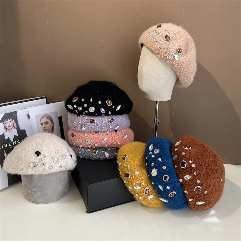 Korean Style French Pearled Diamond Yellow Beanie Casual Fashion Plain Female Winter Plush Cashmere Wool Women Beret Girls Ha