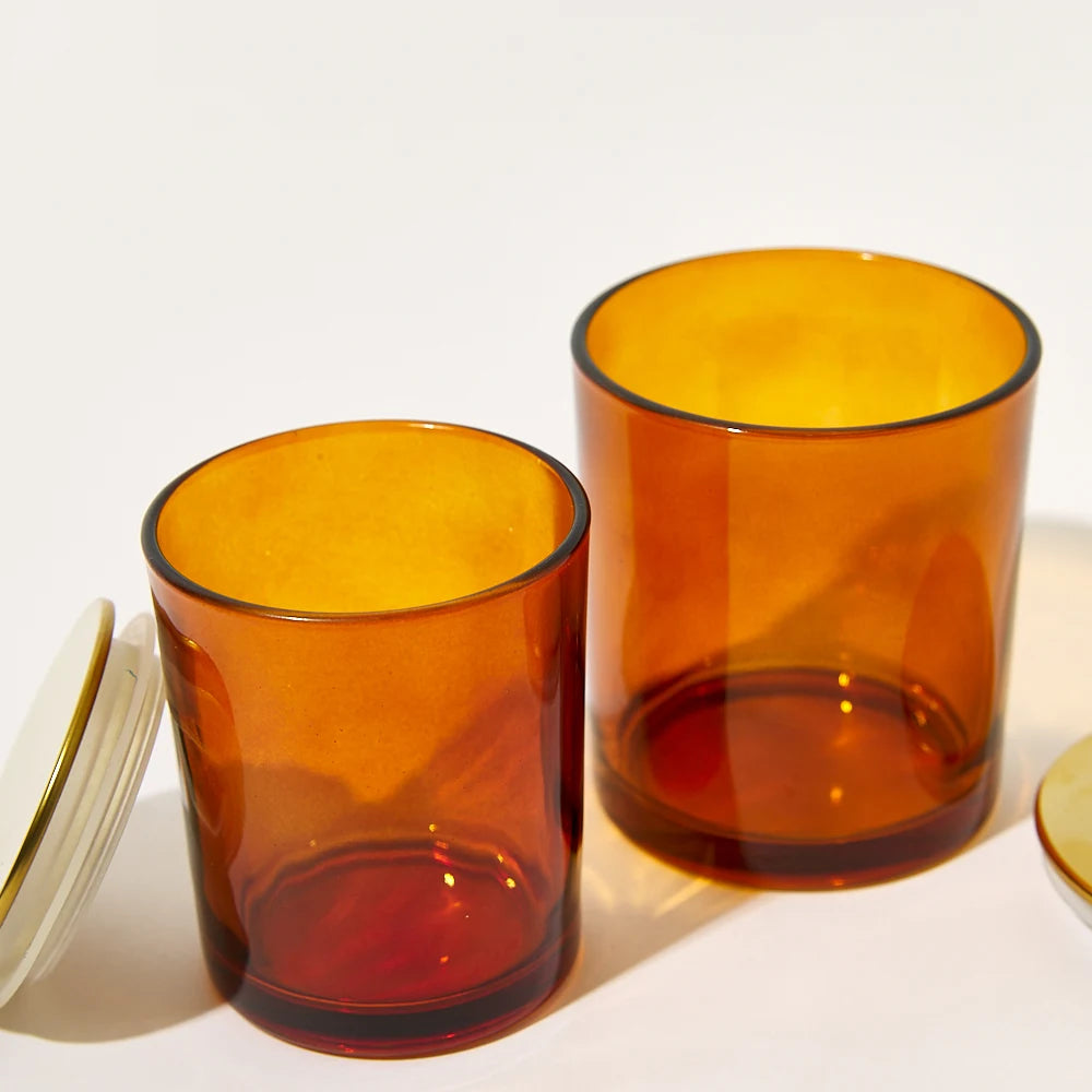 Luxury 7oz Glass Candle Jar Amber Round Straight Gift Packaging Candle Jar with Metal Lid Recyclable