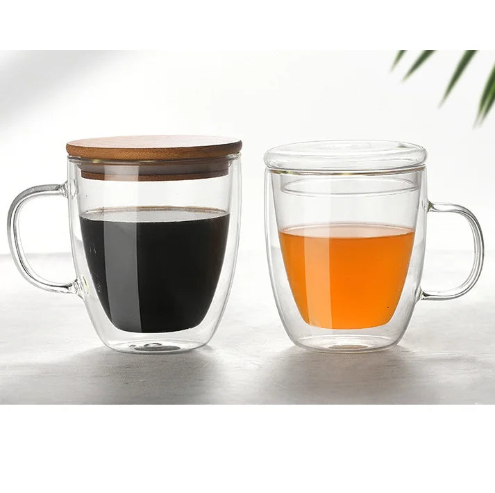 Wholesale Handblown Custom 450ml Borosilicate Glass Insulated Double-Walled Three-Piece Coffee & Tea Set with Bamboo Handle
