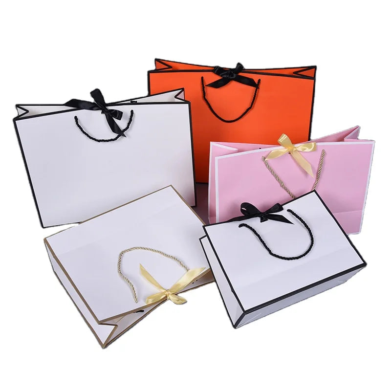 Custom Your Own logo Gift Paper Bags Luxury Boutique Jewelry Paper Bag With Ribbon Tie Bow