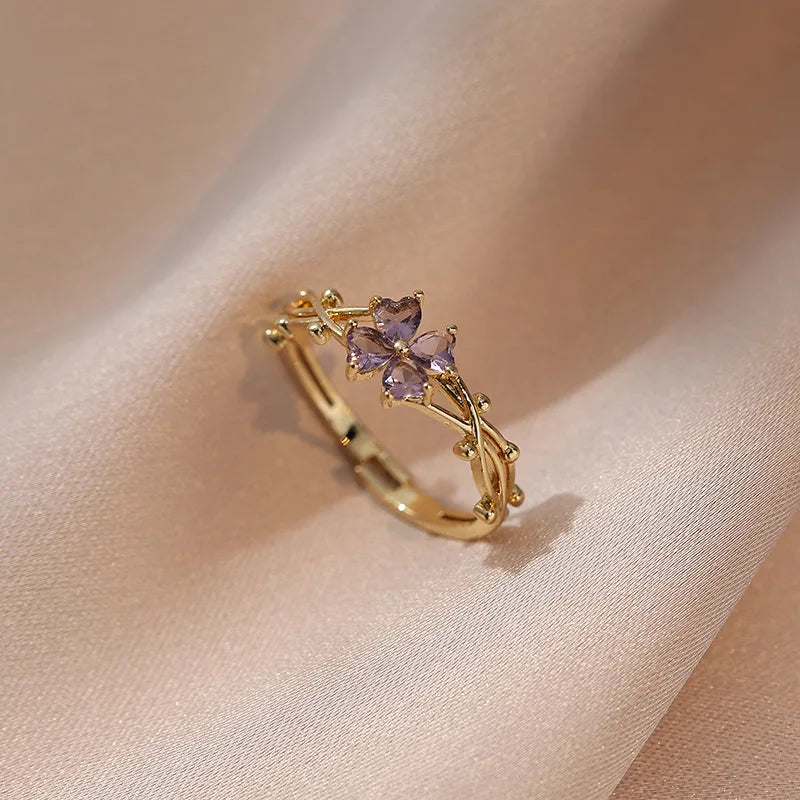 Purple Flower Zircon Open Ring Adjustable Ring for Fashion Accessories