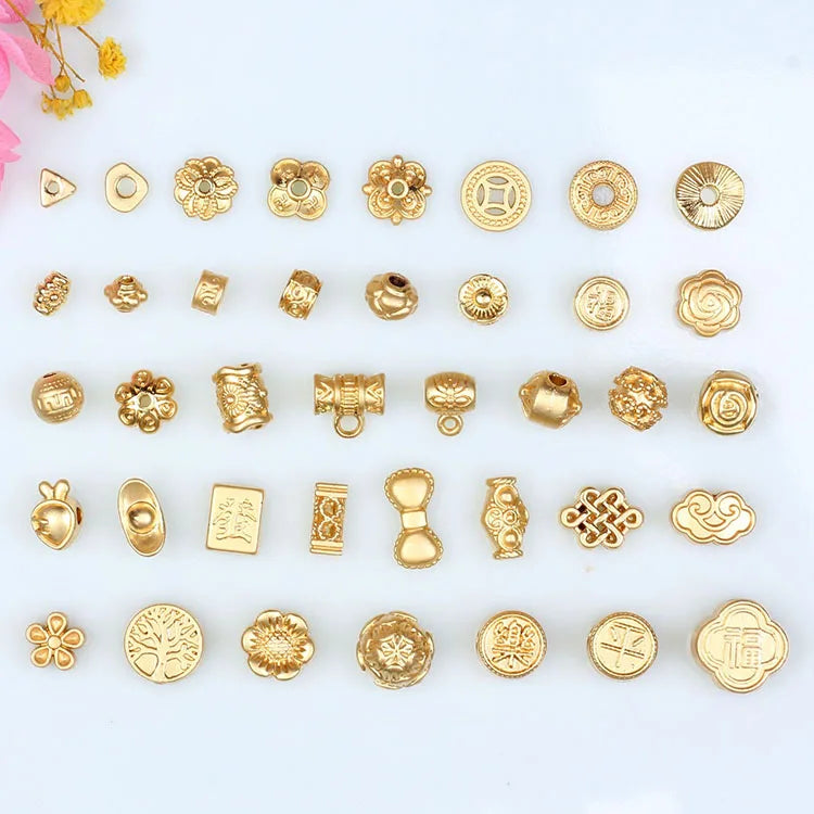 JS1659 Fashion Jewelry Supplies Matte Gold Plated Brass Chinese Words Wealth Fortune Disc Ball Lotus Flower Spacer Jewelry Be