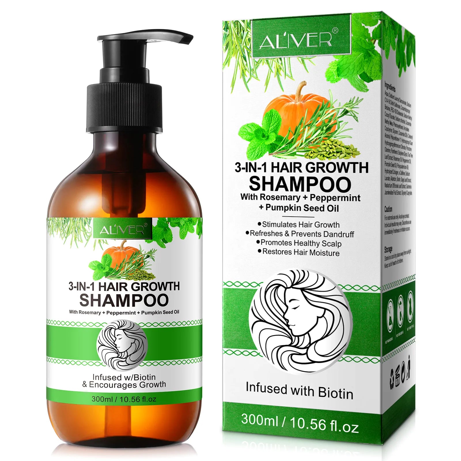 ALIVER Custom 300ml Prevent Dandruff Reduces Hair Loss Natural Hair Biotin Rosemary Mint Pumpkin Seed Oil Shampoo