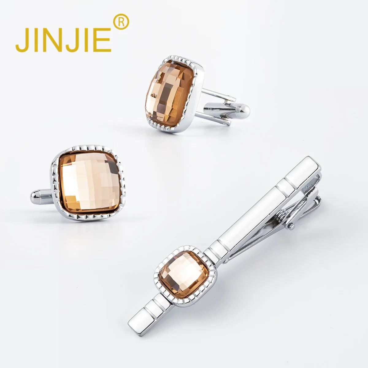 JINJIE Low Price Fashion Luxury Inset square Yellow Rhinestone Zircon Cufflink Tie Clip Set for Men Gift