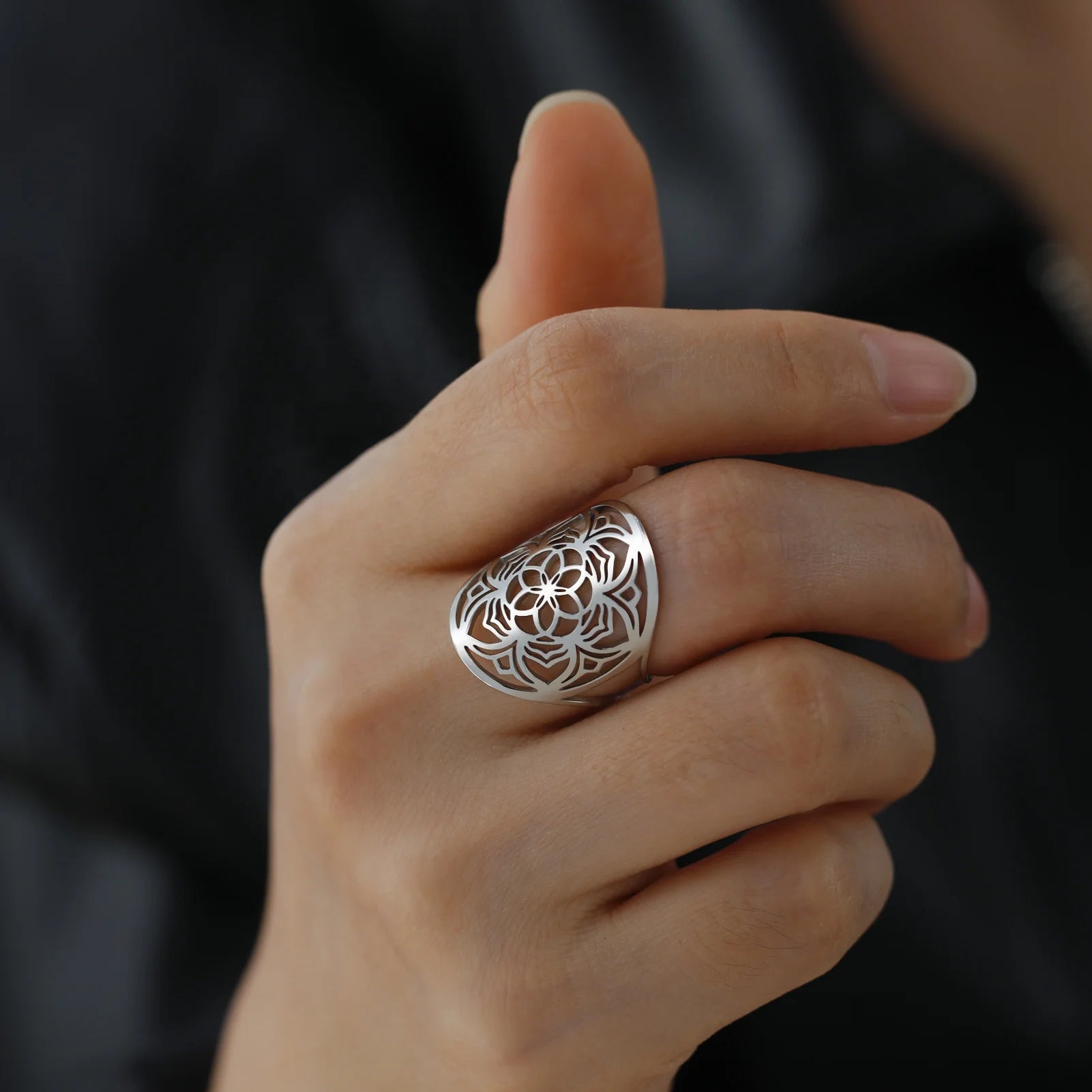 Lotus Flower Adjustable Ring for Women Stainless Steel Open Finger Rings Mandala Buddhism Jewelry Gift New in