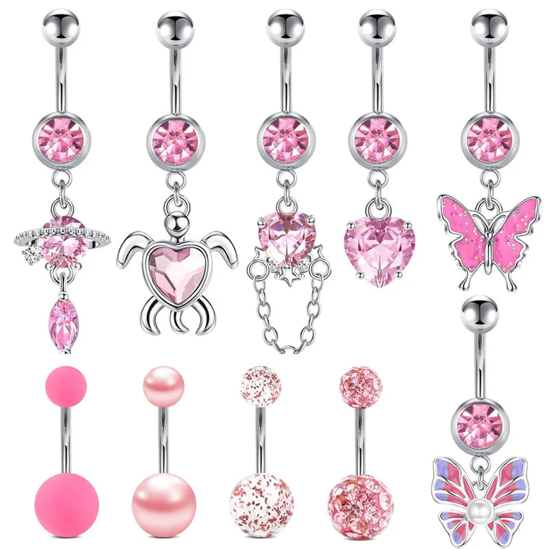 1 pink butterfly Belly Button Ring Fashion Stainless Steel Jewelry for Women Pierced Body Belly Button Nails