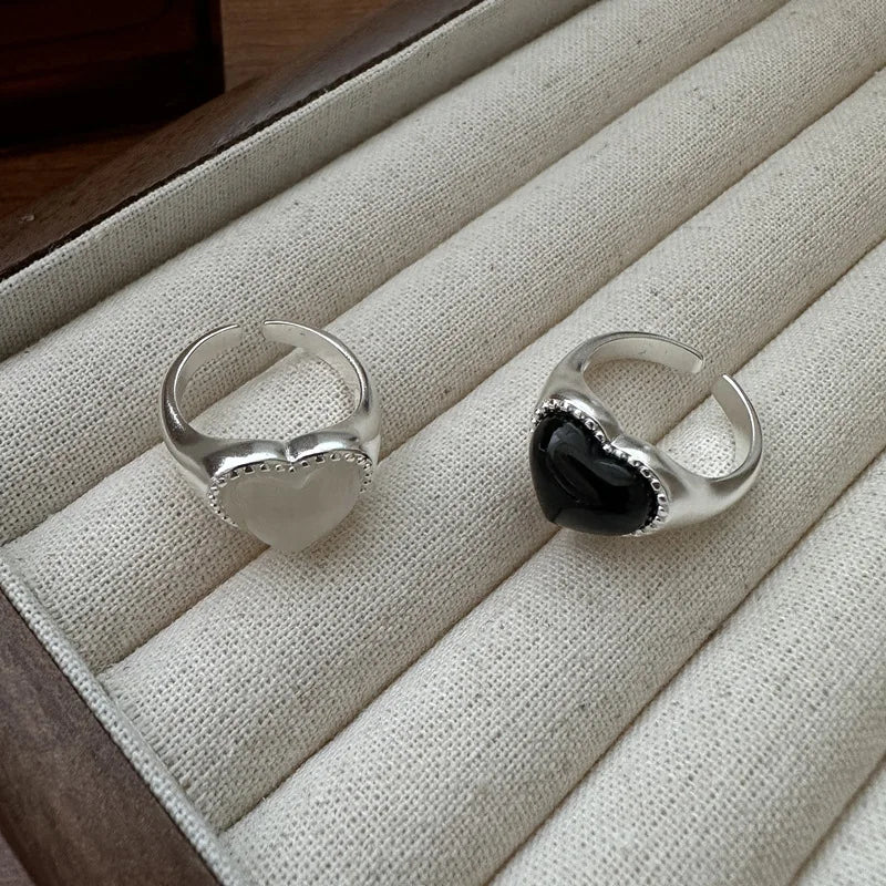 White Black Agate Heart Shape Chunky Women Rings 925 Sterling Silver Fine Jewelry