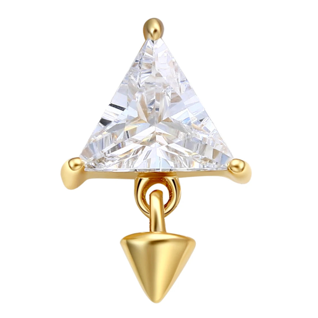 Eternal Metal 14K Solid Yellow Gold 5A Trillion Cut CZ Cone Dangle Navel&Ear Piercing Nose Jewelry Threadless Push in  Ends T