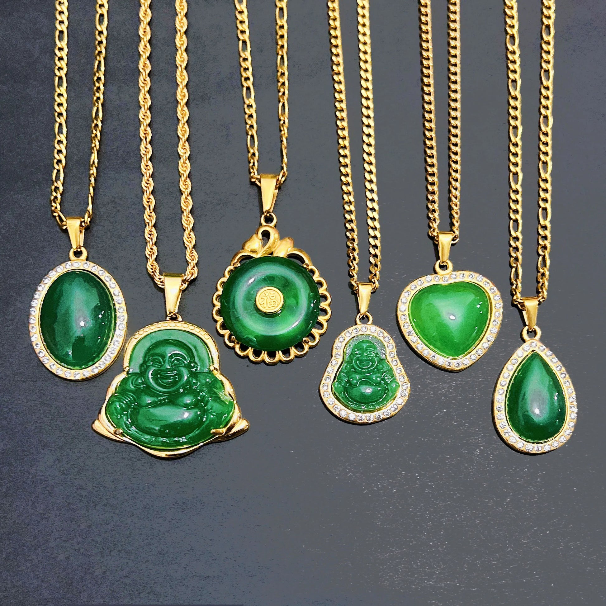 Green Jade Lucky Amulet Buddha Necklace Stainless Steel Crystal Laughing Religious Maitreya Carved Jade Buddha Pendant Neckla