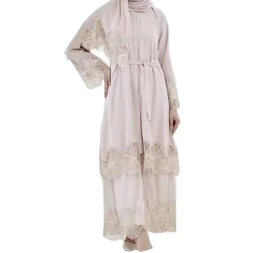 Plain Color Chiffon Embroidery Flower 2 Layers White Abaya Women Muslim Dress