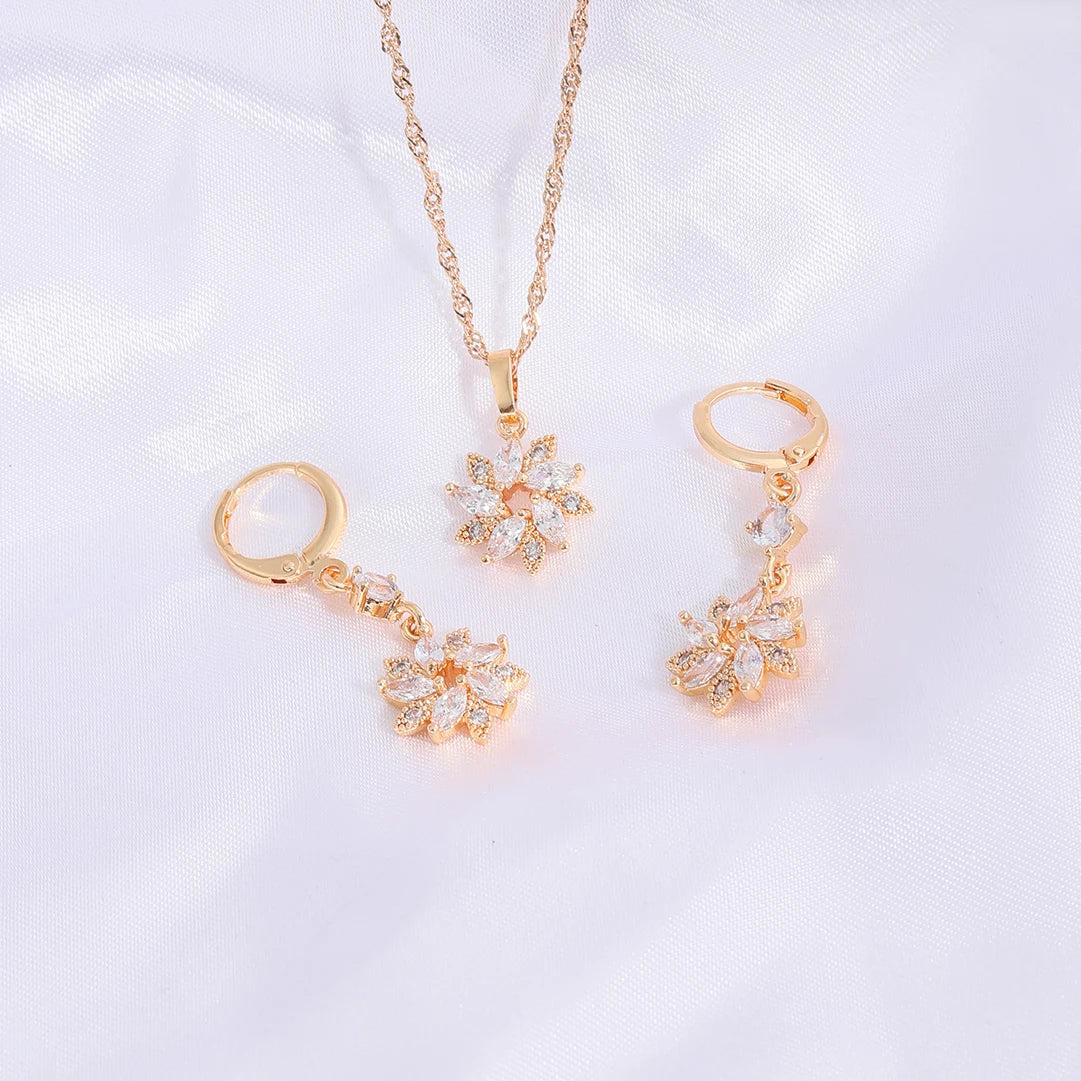 Wholesale Dainty Charm Chain Gold Plated Cubic Zirconia Necklace Pendant Copper Alloy Joyeria Jewelry Aretes Set
