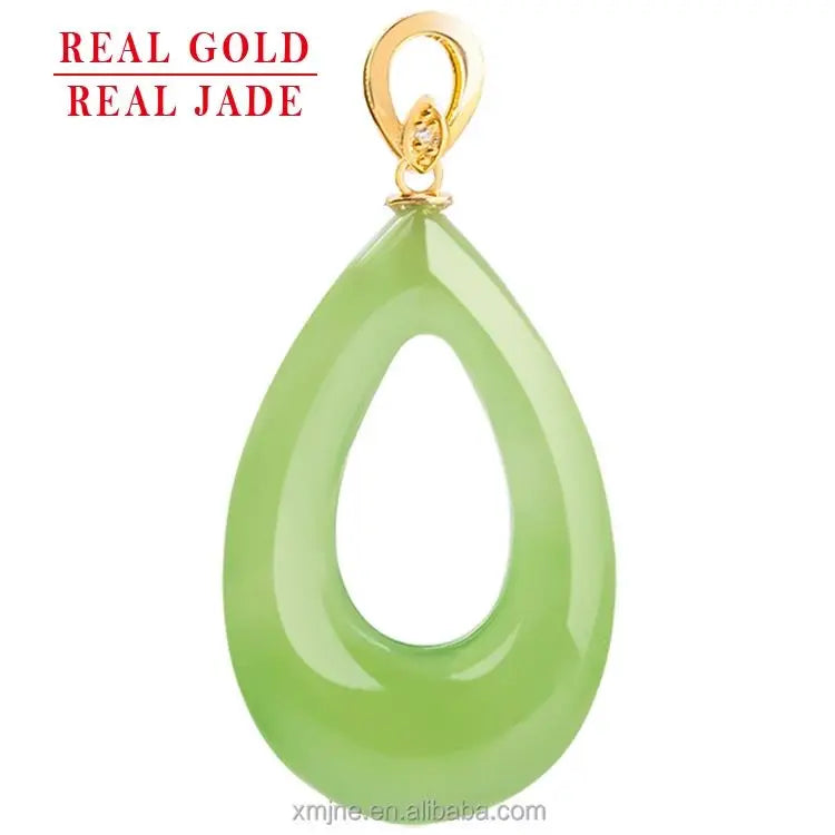 Certified Grade a Natural Hotan Jade Green Jade Hollow Water Drop 18K Gold Inlaid Jade Pendant Necklace for Women