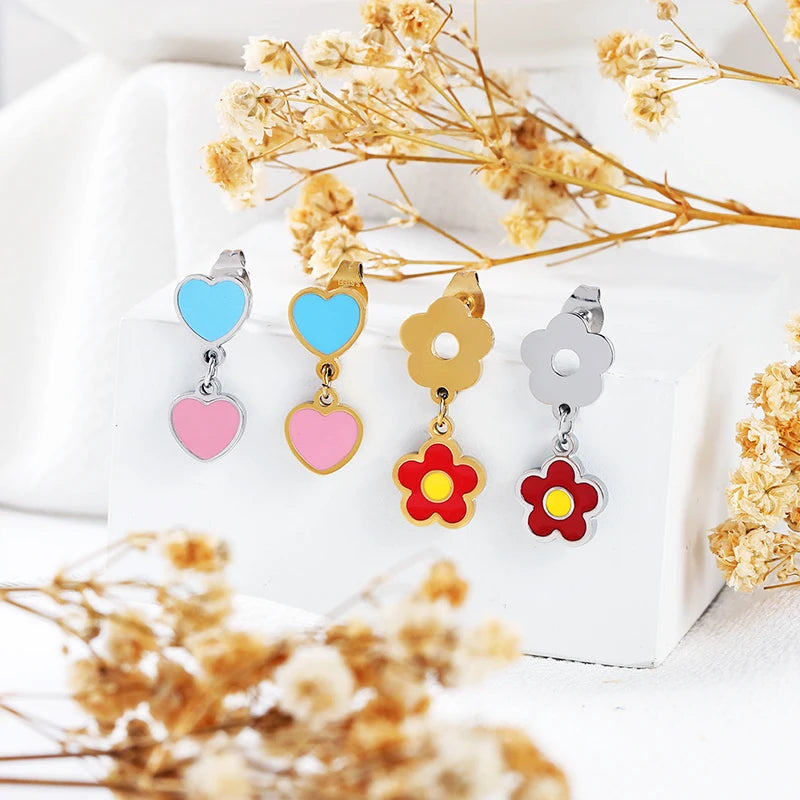 HOVANCI Summer Jewelry Waterproof Trendy Enamel Floral Daisy Stud Delicate Stainless Steel Candy Colorful Flower Heart Earing