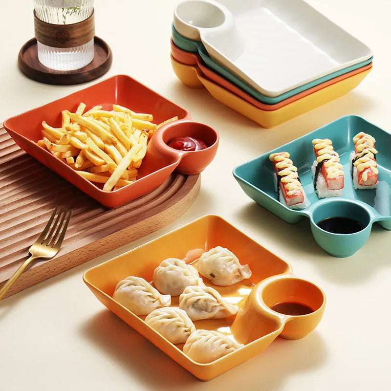 Japanese square Grid Dipping Dumpling Plate with Sauce SeparationPlastic Tableware Tray Snack Plate with Vinegar Plate