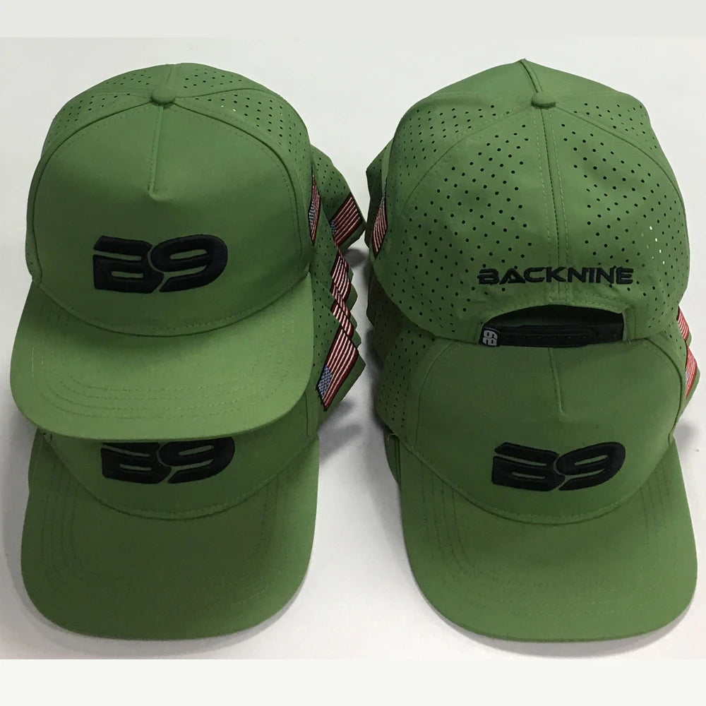Custom Patch Logo 5 Panel Green Quick Dry Performance Sport Baseball CapLaser Cut Hole Golf Gorras Polyester Rope Dad Hat
