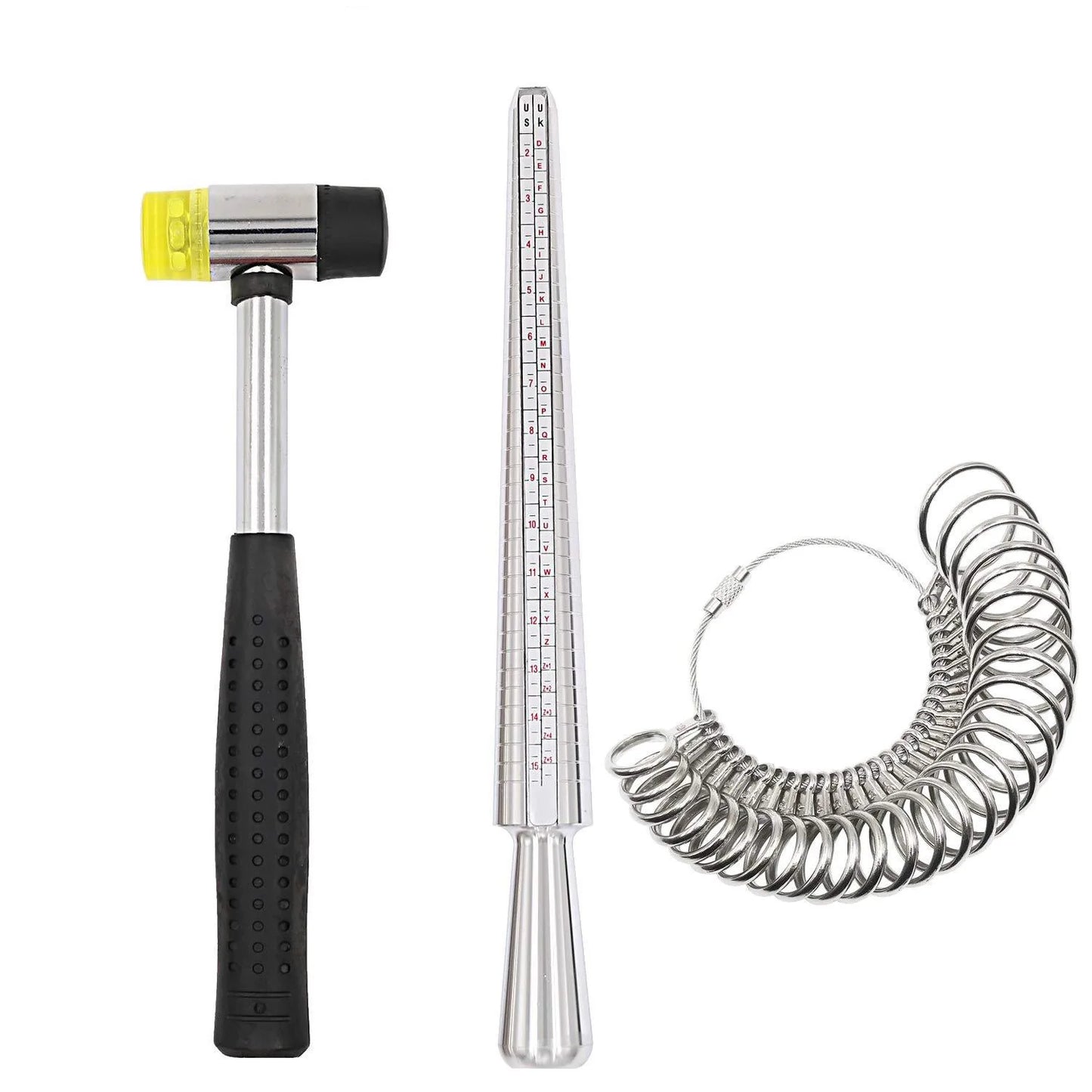 3pcs Ring Sizer Set for Jewelry Measuring Repairing Tool Rubber Hammer Metal Alloy Finger Gauge UKUS Ring Mandrel Stick Kit