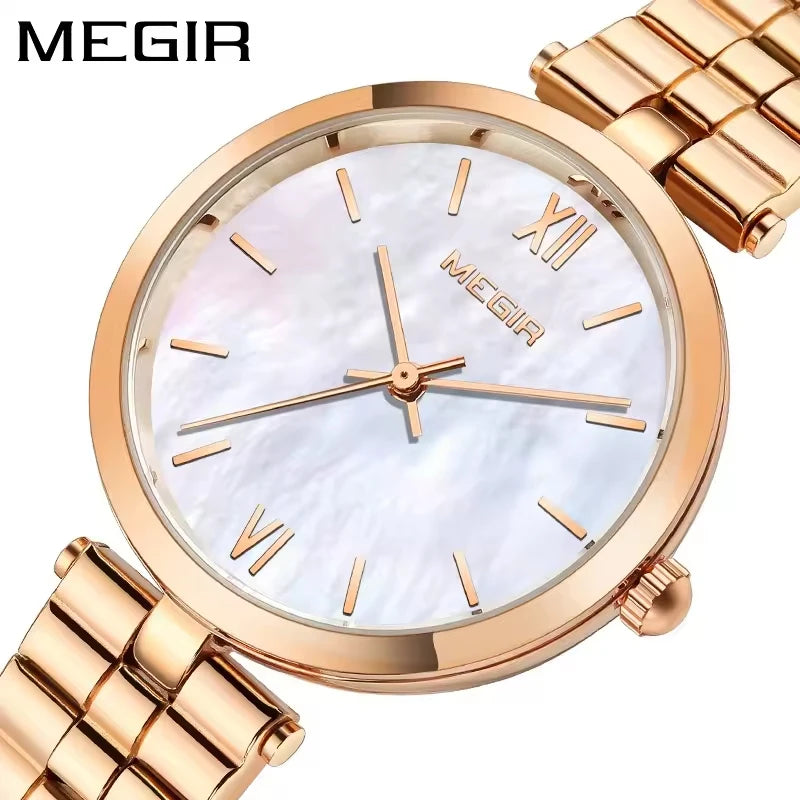 MEGIR 85112 Fashion Women's Bracelet Watch Dress Simple Imitation Pearl Shell Dial Stainless Steel Ladies Quartz Wristwatches
