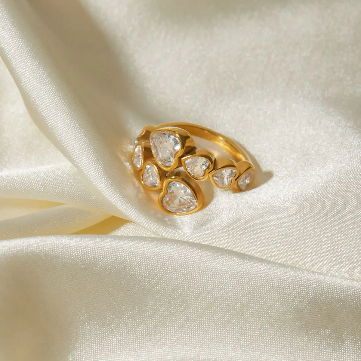 Classic 18K Gold PVD Plated Stainless Steel Open Adjustable Stackable Hypoallergenic Waterproof Zircon Ring for Women Daily W