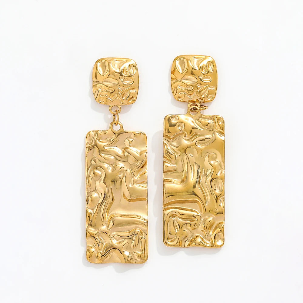Fenny 18K Gold-plated Wholesale Jewelry No Fade Personalized Retro Long Square Pleated Hoop Stainless Steel Earring for Women