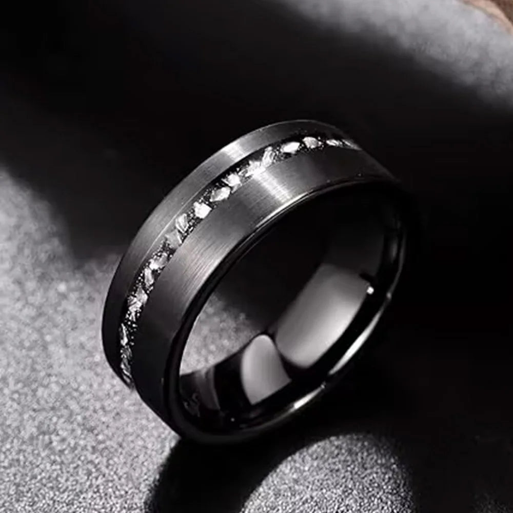 Men Fashion Jewelry Black Plated Tungsten Ring Meteorite Inlay Stone Men Tungsten Carbide Rings