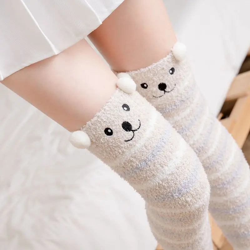 MIO New Style Winter Stockings Warm Cute Cartoon Bear Cats Fluffy Thicken Coral Fleece Knee High Socks Women Fuzzy Thigh Sock
